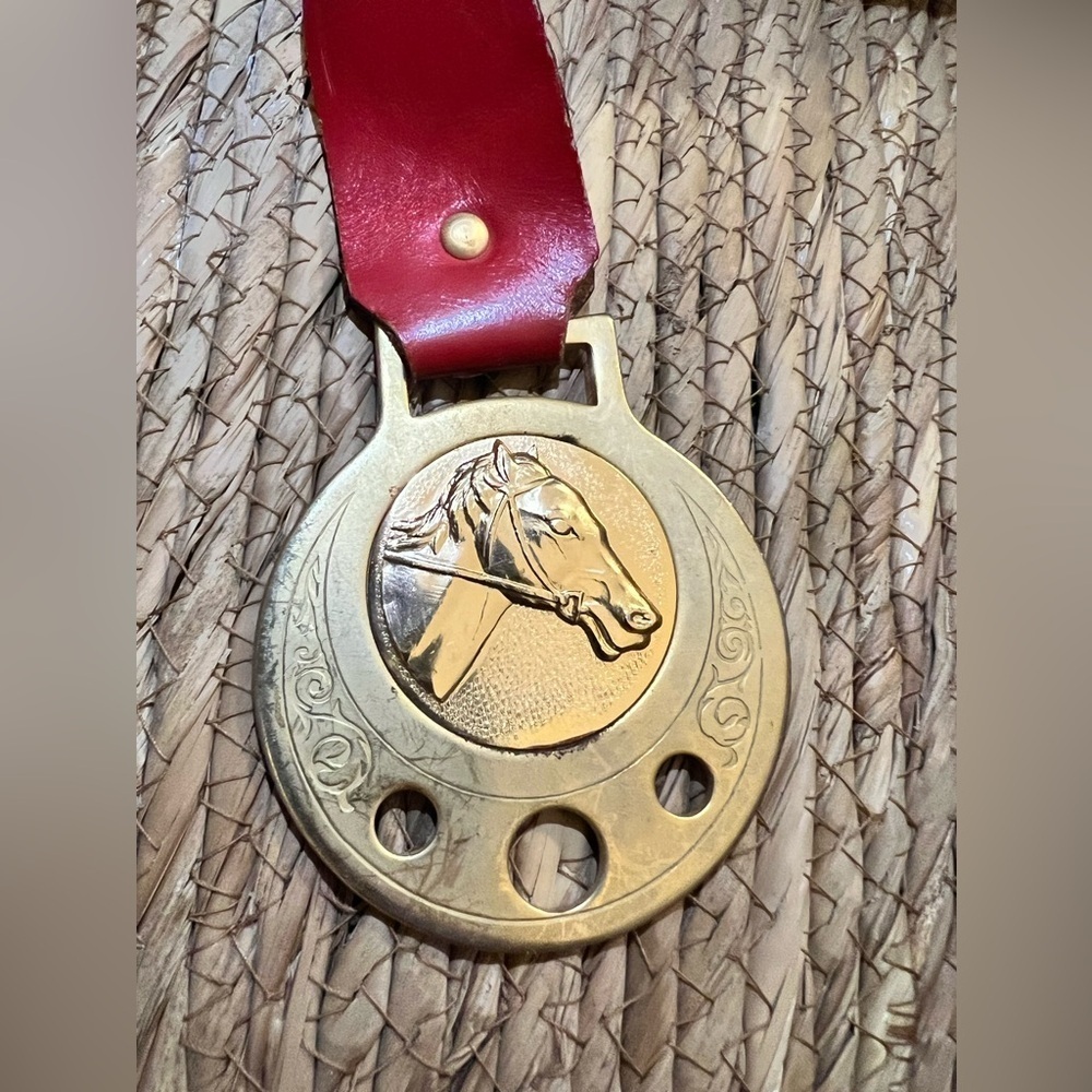 Vintage Horse Brass Medallion with Red Leather Strap made in Italy